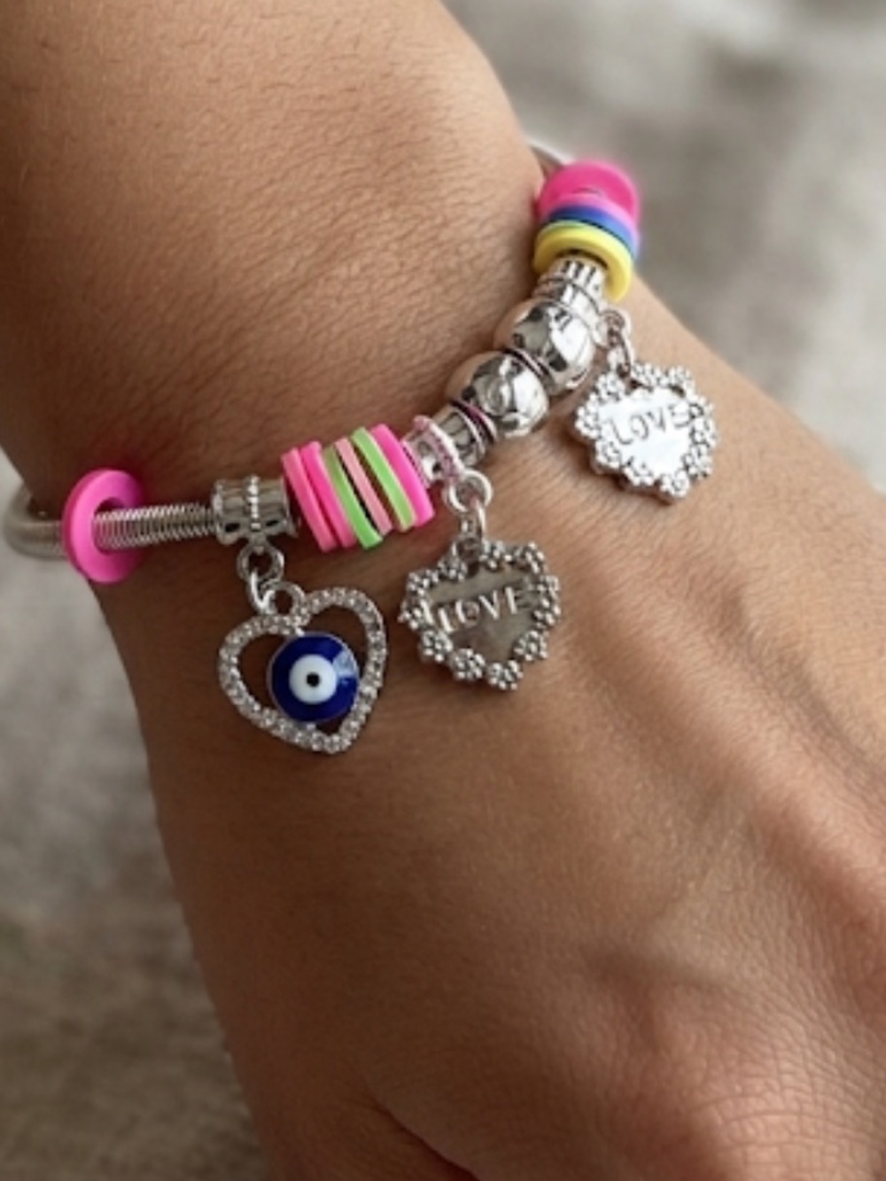 Silver-tone Charm Bangle Bracelet with Neon Beads and 'Love' Charms